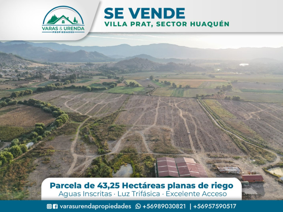 Se Vende Parcela 43,25 hectáreas planas de riego, Villa Prat – Sector Huaquen