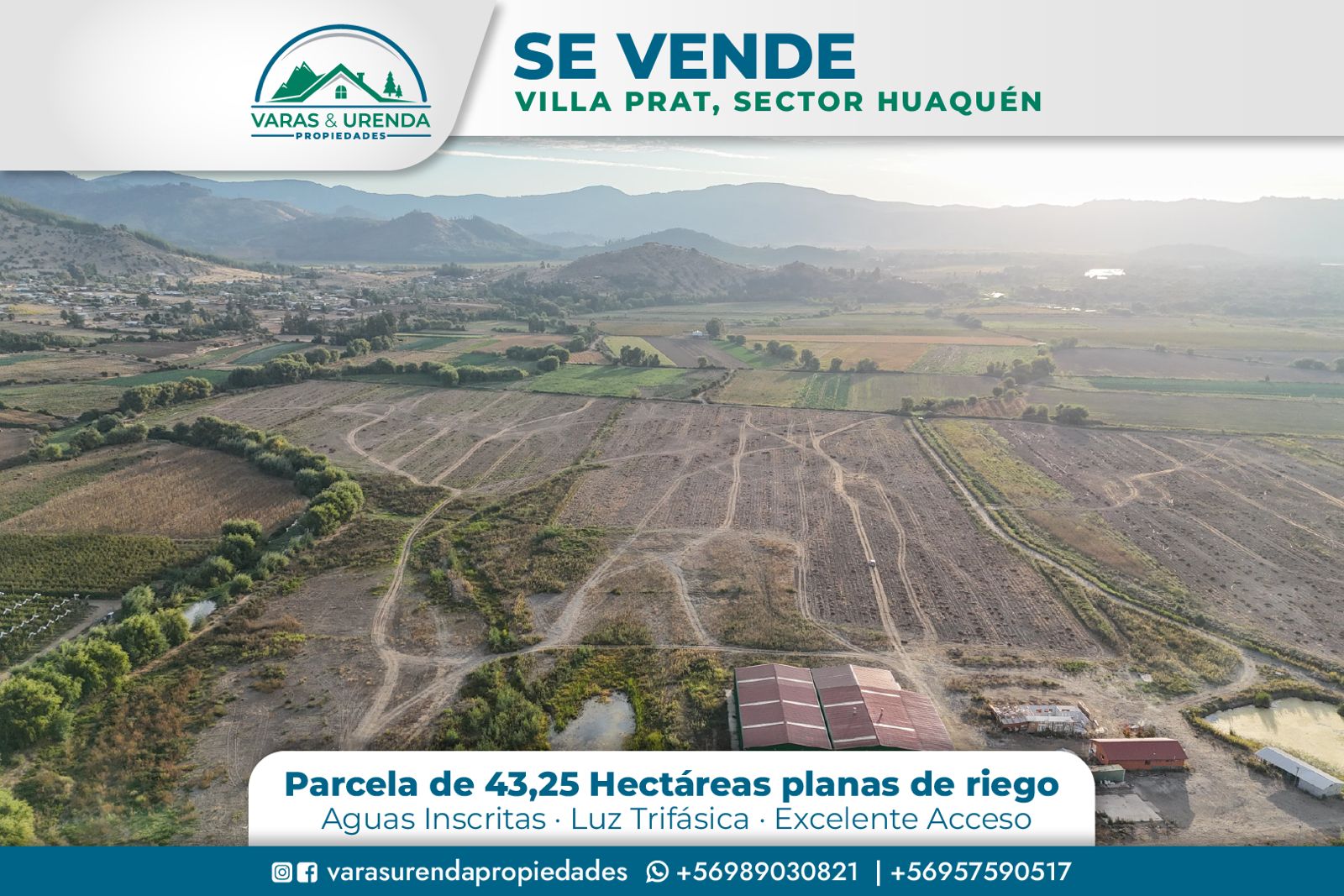 Se Vende Parcela 43,25 hectáreas planas de riego, Villa Prat – Sector Huaquen