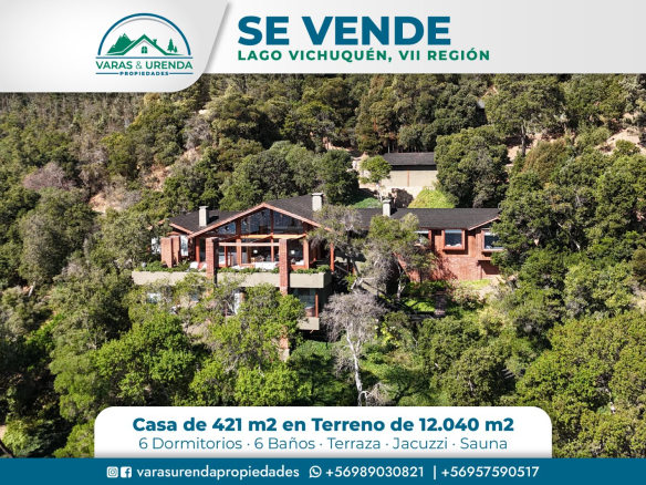 Se Vende espectacular casa de 421 m2 en terreno de 12.040 m2 con 80 metros frente al Lago Vichuquén – VII región