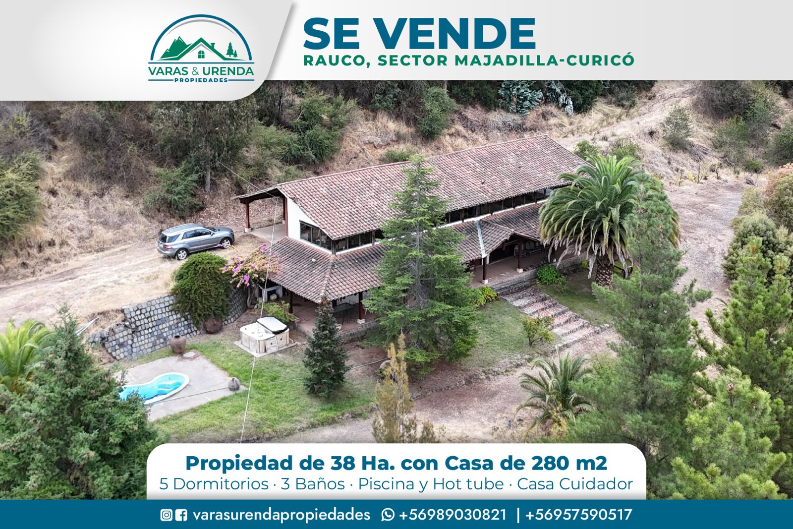 Se Vende propiedad de 38 hectáreas con casa principal de 280 m2 en Rauco, Sector Majadilla – Curicó