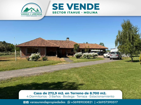 Se Vende linda casa de 279,9 m2, Sector Itahue, Molina
