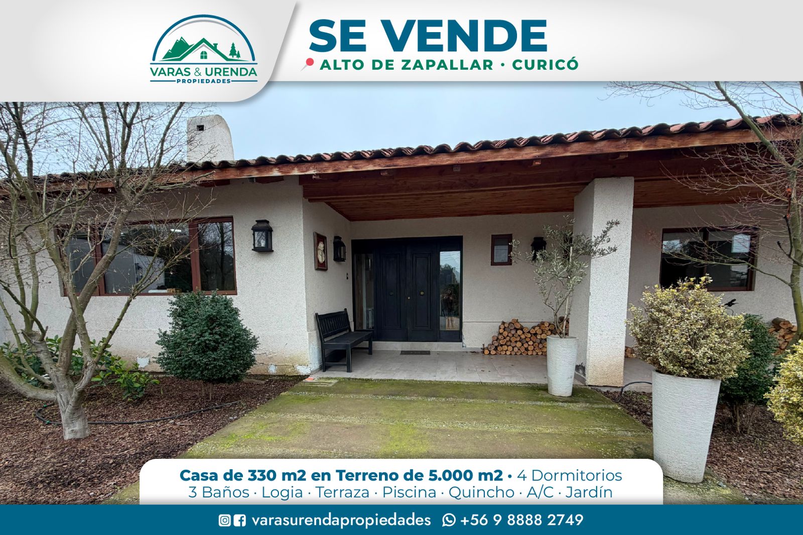 Se Vende casa 330 m2 en sitio 5.000  m2 en Alto de Zapallar, Curicó