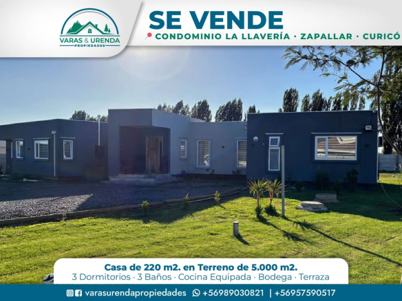 Se Vende casa de 220 m2 en sitio de 5.000 m2 en Condominio La Llavería, Zapallar, Curicó